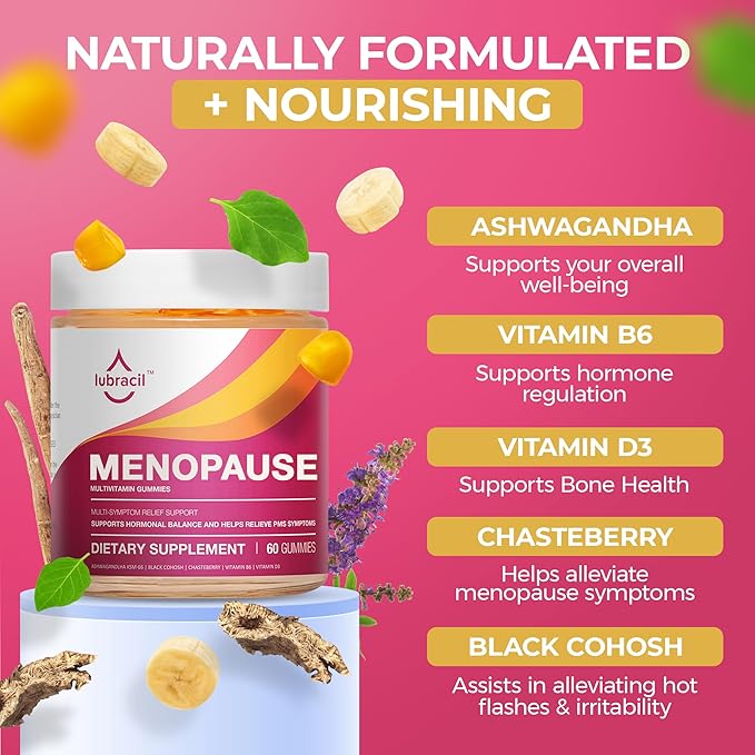 Lubracil Menopause Gummies for Women - Menopausal Supplements for Hot Flashes, Night Sweats, Mood Swings and Hormonal Balance - Daily Vitamins with Black Cohosh & Ashwagandha - 60 Gummies (Pack of 1)