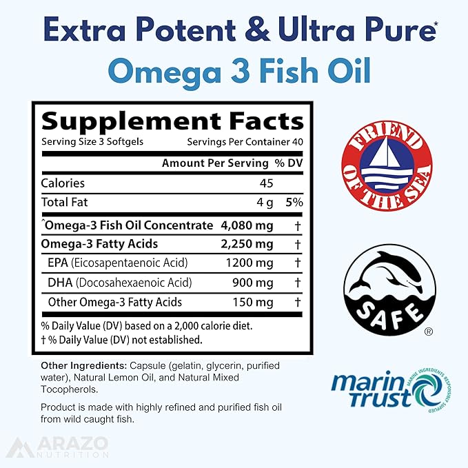 Arazo Nutrition Wild Caught Omega 3 Fish Oil – 120 Soft Gels – 4,080mg High EPA 1200mg DHA 900mg Lemon Flavor Burpless Softgels