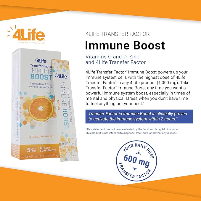 4Life Immune Boost - Wide Spectrum Immune Defense Transfer Factor, zinc, and Vitamin C - 5 Powder Packs