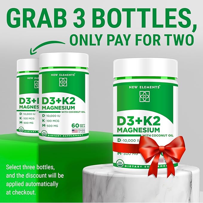 Vitamin D3 K2 10000 IU Organic Softgels for Men and Women with Magnesium Glycinate 500mg | Vitamin D & Magnesium Supplement for Bone Health | Immune Support | Non-GMO | Gluten-Free | Sugar Free