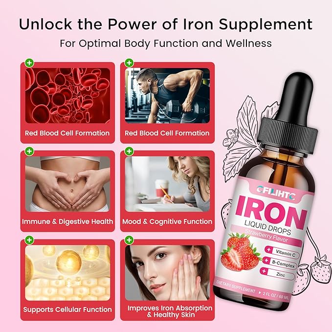Liquid Iron Supplement for Women Men & Kids Multivitamin Iron Drops with Folate, Vitamin C, B6, B12, Zinc for Anemia, Iron Deficiency, Blood Builder, Energy - Natural Strawberry Flavor, Vegan 2 Fl Oz