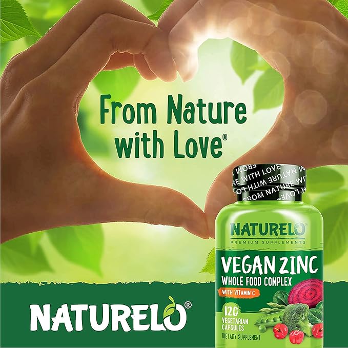 NATURELO Vegan Zinc Immune Support Capsules - Whole Food Complex with Vitamin C for Healthy Skin, Hair, and Nails - 120 Capsules (2 Pack)