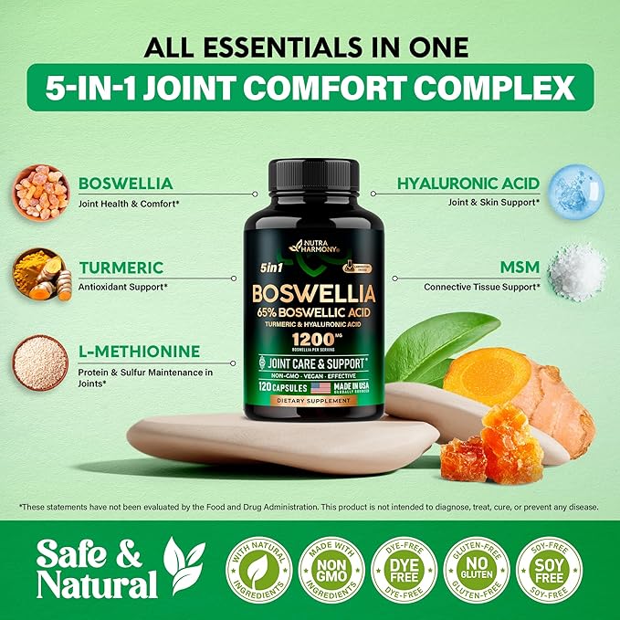 Boswellia 1200mg - Boswellia Extract | Turmeric | Hyaluronic Acid | MSM | Same - Joint Health & Comfort - Boswellia Serrata | 65% Boswellic Acid - for Men & Women - Made in USA - 120 Capsules