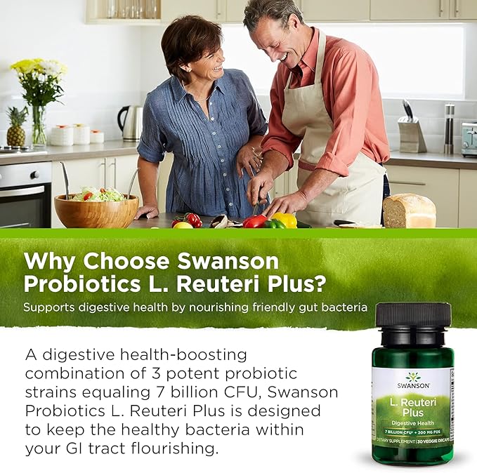 Swanson L. Reuteri Probiotic Plus w/L. Rhamnosus L. Acidophilus & FOS Prebiotic Digestive Support - Promotes Gut Health w/ 7 Billion CFU per Capsule - (30 Veggie Capsules) 2 Pack