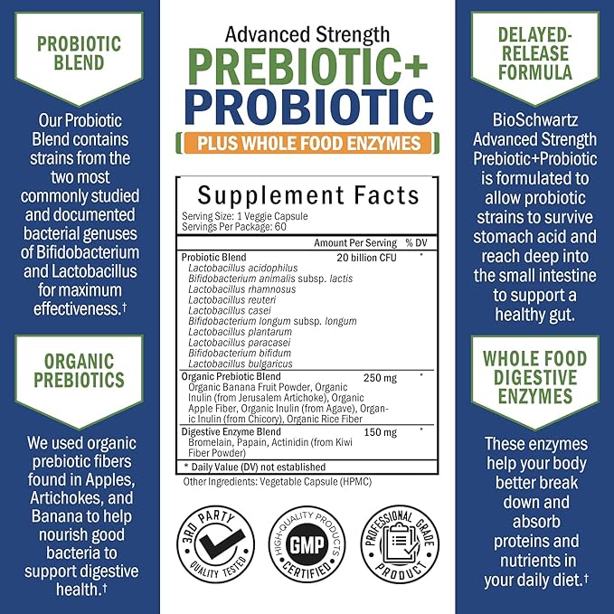 Prebiotics and Probiotic with Whole Food Enzymes for Adults Women & Men - Probiotics Lactobacillus Acidophilus - Digestive Health Capsules Shelf Stable Supplement - Non-GMO Gluten & Dairy Free -60ct