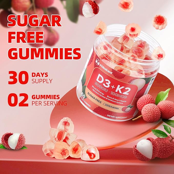 Vitamin D3 K2 Gummies w/Magnesium Sugar Free - 60 Count | D3 Vitamin 5,000 IU + K2(MK-7) 100 mcg - Vegan K2 D3 Vitamin Supplement, Highly Absorbent Supports Bone, Muscle, Mood & Immune(Lychee Flavor)