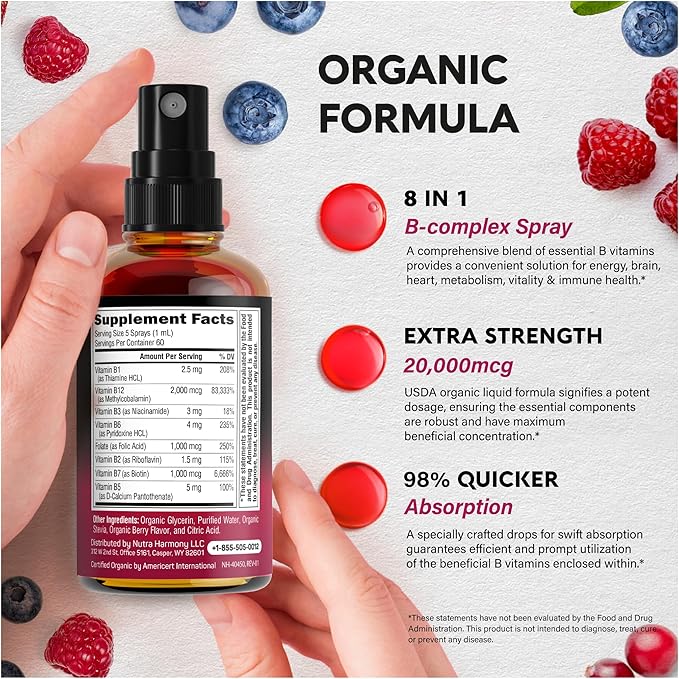 USDA Organic Vitamin B-Complex Liquid Spray 8-in-1 - B5 Pantothenic Acid | B12 Methylcobalamin | B1 Thiamine | B6 Pyridoxine | B7 Biotin | B9 Folic | B3 Niacinamide - Made in USA Supplement, 2fl oz