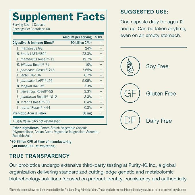 True Grace One Daily Probiotic - 60 Vegetarian Capsules - Gut, Digestive & Immune Health Support Blend with Prebiotic Fiber - Organic, Gluten Free, Dairy Free, Soy Free - 60 Servings