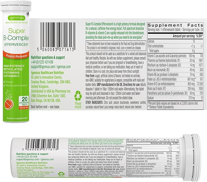Super B-Complex Methylated Liquid B-Vitamin Effervescent Supplement, Fast Action Energy Drink, Caffeine & Sugar-Free, Orange Flavor, Vegan, 20 Tablets, by Igennus