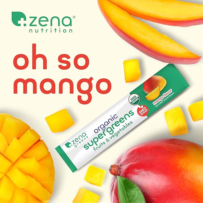 Zena Organic Super Greens Powder, 70+ Superfoods Drink Mix, 0 Sugar, 3G Fiber, Fruits, Veggies, Spirulina, Chlorella, Antioxidants, Pre & Probiotics, Digestive Enzymes, Mango Flavor, 30 Packets