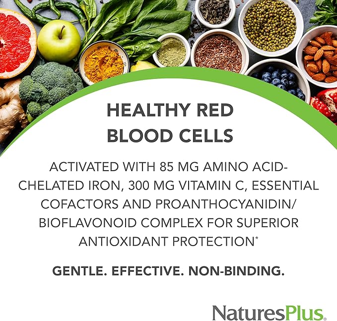 Natures Plus Hema-Plex Iron - 60 Slow-Release Mini-Tabs - 85 mg Chelated Iron - Total Blood Health - with Vitamin C & Bioflavonoids - Vegan, Gluten Free - 30 Servings