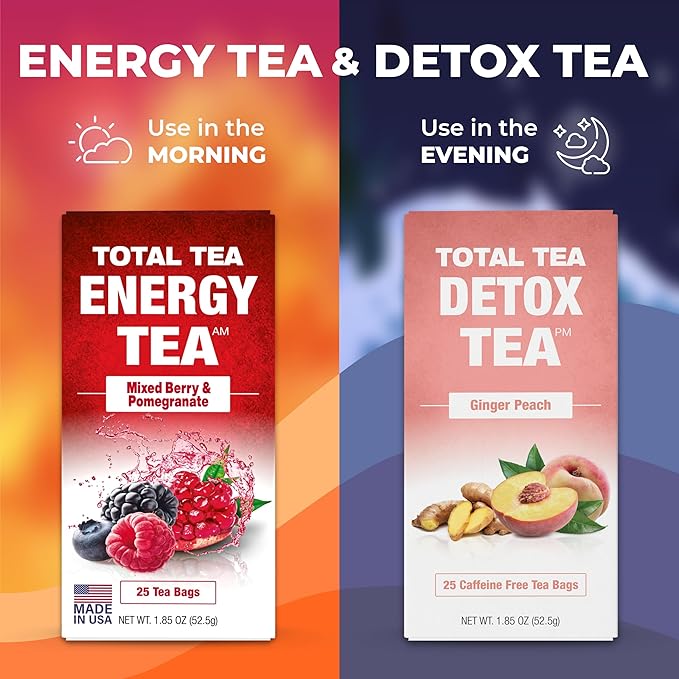 Total Tea SIimming Detox Tea Caffeine Free - 25 Day Detox Tea - Herbal SIim Tea with Chamomile, Hibiscus Tea & Ginger Root for Colon Cleanse – Natural Herbal Ginger & Peach Tea for Digestive Health (25-Pack, Ginger & Peach)