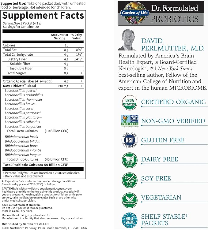 Garden of Life Dr. Formulated Probiotics Fitbiotic Weight Management Powder 50 Billion CFU & Fiber, Organic & Non-GMO Digestive Gut Health Supplement, 3 Oz, Pack of 20