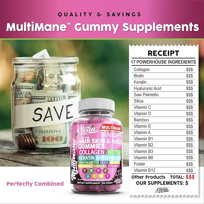 Biotin Collagen Keratin Gummies | Hair Skin and Nails Vitamins for Women | Hyaluronic Acid Bamboo Vitamin A C D3 E Folate With Saw Palmetto Silica B3 B12 Vegan Gummy By Clean Nutra