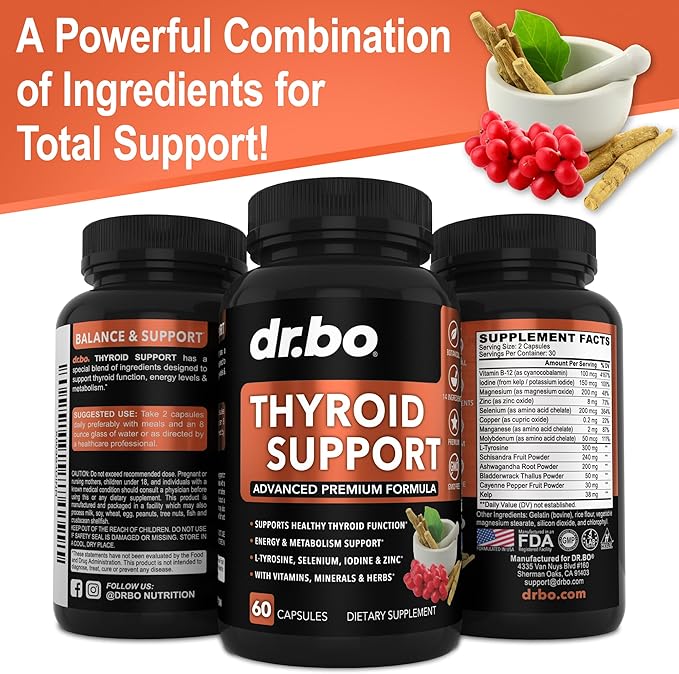 Thyroid Support for Women & Men Supplement - Natural Metabolism, Mood & Energy Enhancer with L-Tyrosine Selenium Iodine Zinc Bladderwrack Kelp & Ashwagandha Thyroid Supplement Complex Vitamin 60 Pills