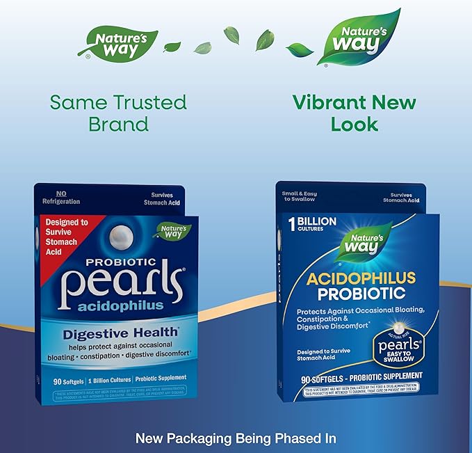 Nature's Way Acidophilus Probiotic Pearls, Supports Digestive Balance and Gut Health*, Protects Against Occasional Constipation and Bloating*, 1 Billion Live Cultures, 90 Softgels (Packaging May Vary)