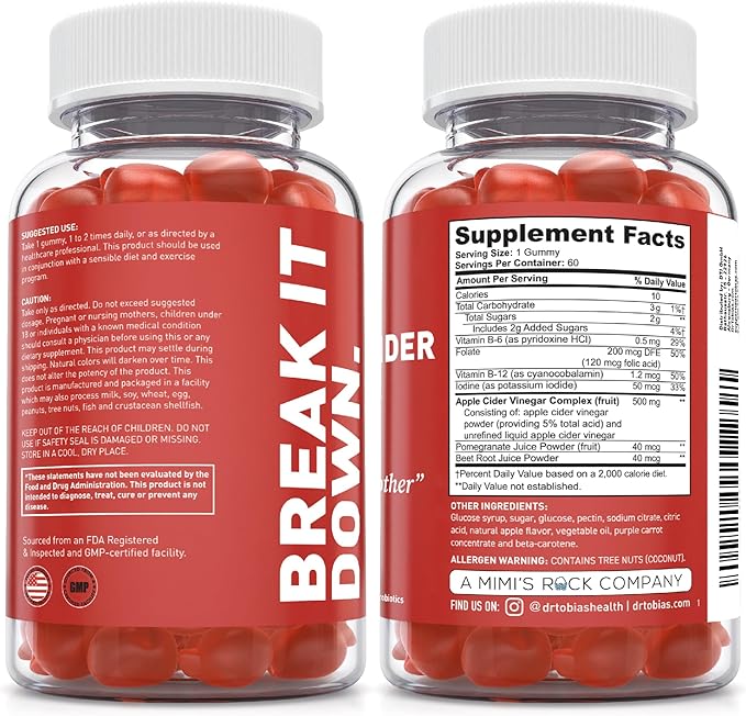 Dr. Tobias Apple Cider Vinegar Gummies, Includes 500 mg Apple Cider Vinegar with Mother, Folate, B12 & Iodine, Supports Gut Health, Cleanse & Detox, Vegan & Gluten-Free, 120 Gummies