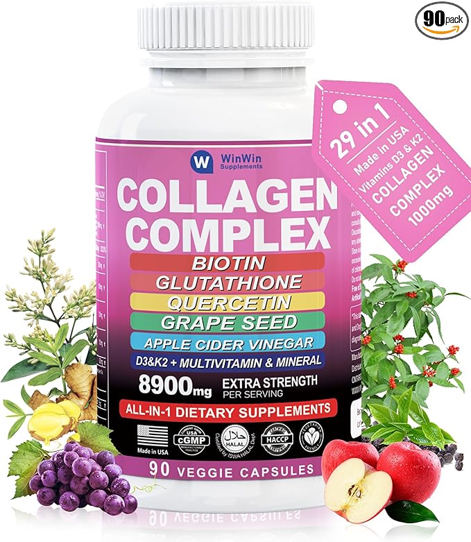 Collagen1000mg Type I, II, III, V, X Multi- Organic Quercetin Grape Seed, Apple Cider Vinegar Botanical Supplement with Biotin Glutathione Multi-Vitamins and Minerals Vitamin 29in1 Made in USA