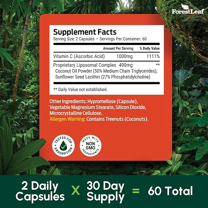 ForestLeaf Liposomal C - 1000mg Capsules - Immune Booster with MCT Oil & Sunflower Lecithin - Superior Absorption - High Dose C (Unflavored - 120 Veg Cap)