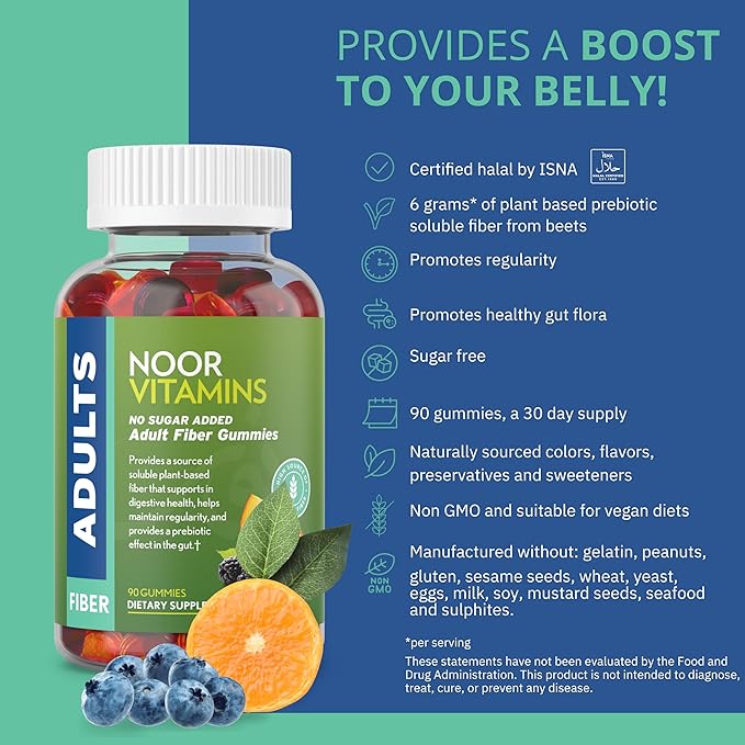 Noor Vitamins Halal Sugar Free Fiber Gummies for Adults with Prebiotic Fiber for Adults; Non-GMO, Vegan Friendly, Gelatin Free, Soluble High Fiber Gummy for Adults, Halal Vitamins - 90 Count