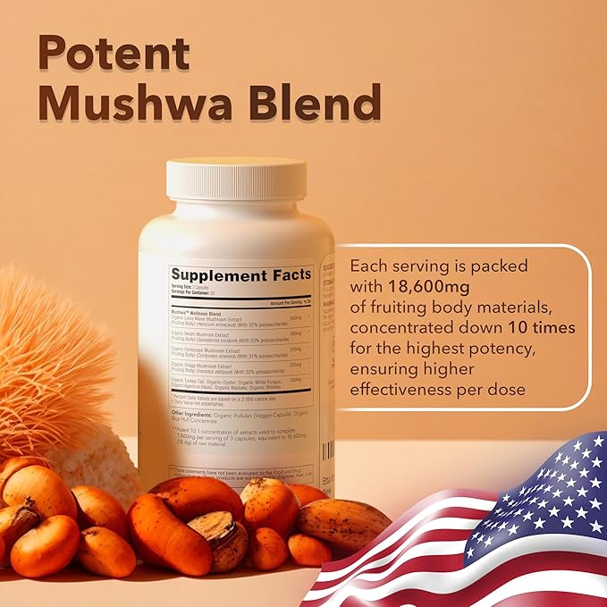 USDA Organic Lions Mane Supplement Capsules with Ashwagandha, Chaga, Reishi, Cordyceps, Turkey Tail (18,600mg/serv) 10x Adaptogenic Mushroom Complex as Focus Supplement - Energy, Immunity & Nootropic