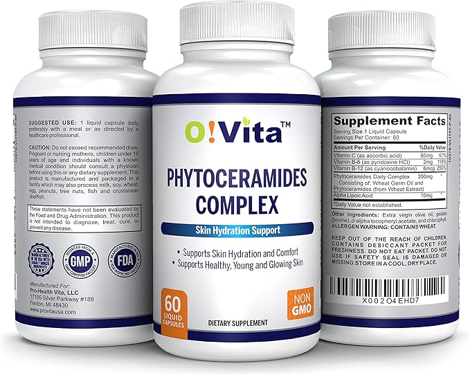 Phytoceramides Complex, Skin Repair and Rejuvenation, Anti-Aging Support, Plant-derived Ceramides, with Vitamins C, B-6, and B-12, 2-Month Supply (60 Non-GMO Liquid Capsules)