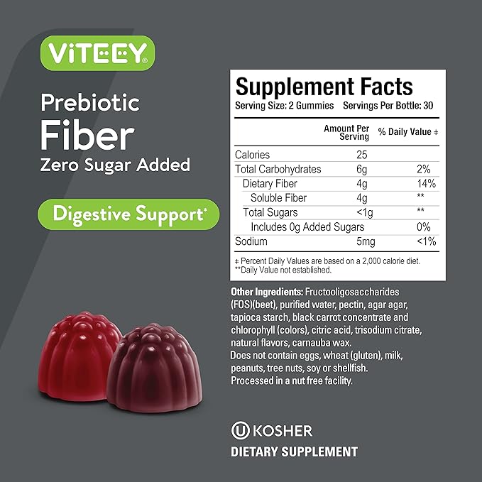 Prebiotic Fiber Gummies for Adults, 4g - Zero Sugar Added - Fiber Supplement Gummies for Digestive Health Regularity & Natural Weight Support - Vegan, Gelatin Free - Chewable Fruit Flavored Gummy