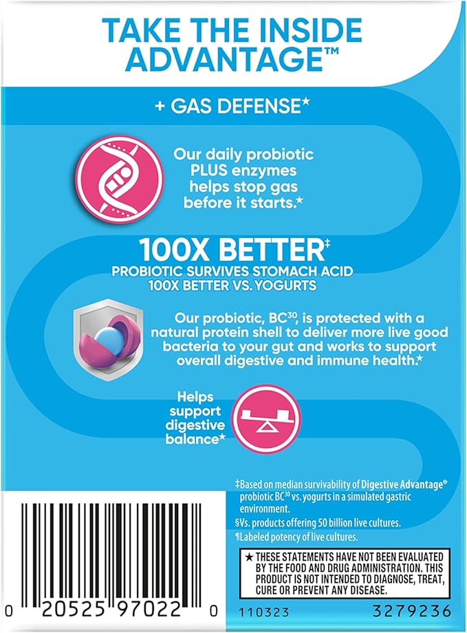 Digestive Advantage Gas Defense, Daily Probiotics for Women & Men Digestive Health with 5 Digestive Enzymes, Supports Gut Health & Stops Gas Before Start, with Immune Support, 32 Capsules