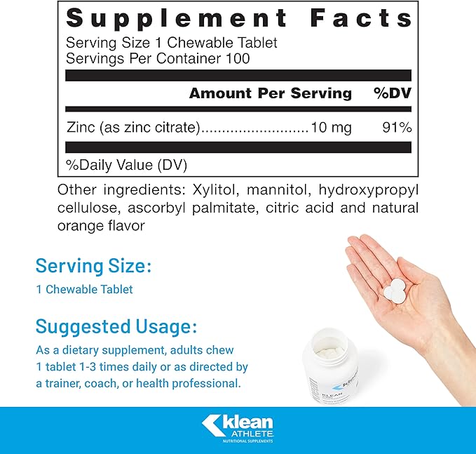 Klean ATHLETE Klean Zinc | Support for Immune System Function | NSF Certified for Sport | 100 Chewable Tablets | Natural Orange Flavor
