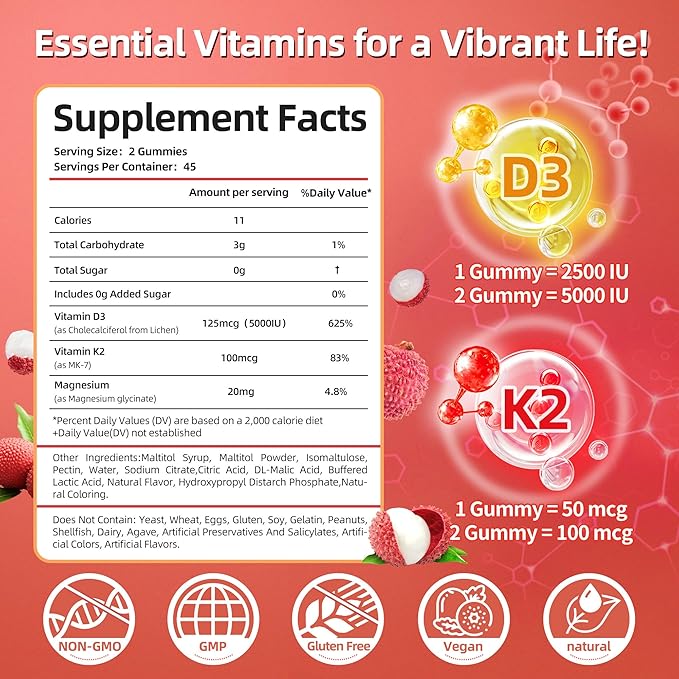 Vitamin D3 K2 Gummies w/Magnesium Sugar Free - 90 Count | D3 Vitamin 5,000 IU + K2(MK-7) 100 mcg - Vegan K2 D3 Vitamin Supplement, Highly Absorbent Supports Bone, Muscle, Mood & Immune(Lychee Flavor)