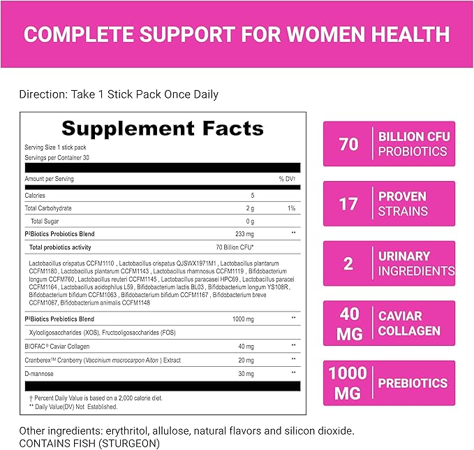UpNourish Prebiotics, Probiotics and Caviar Colalgen for Women's Digestive & Weight Wellness, Skin Radiance, Joint Mobility, Feminine Health with Cranberry Extract & D-Mannose, 30 Fast-melt Packets