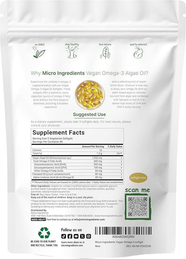 Vegan Omega 3 Algae Oil, 240 Veggie Softgels | Fish Oil Alternative | DHA 500mg & DPA 100mg | Carrageenan Free | Plant-Based Omega 3 with Flaxseed & ALA | Lemon Flavored
