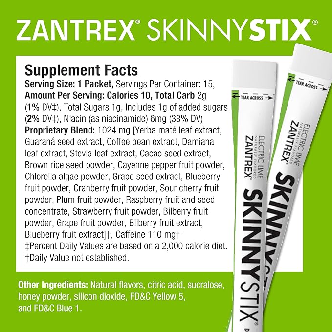 Zantrex SkinnyStix Energy Powder – GLP-1 Support, Boost Mood – 10 Calories – Yerba Mate, Coffee Bean – 15 Stix, Lime