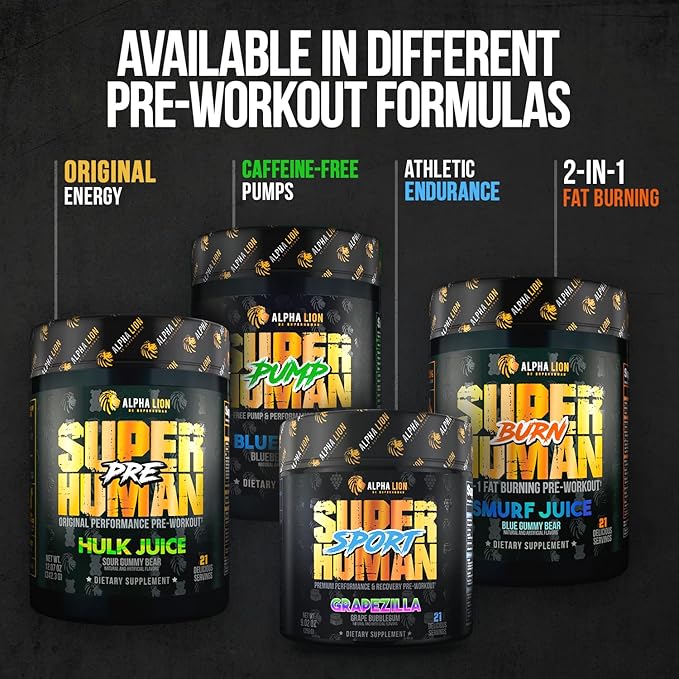 ALPHA LION Superhuman Extreme Pre Workout Powder, Beta Alanine, L-Taurine & Tri-Source Caffeine for Sustained Energy, Nitric Oxide & Citrulline for Pump (21 Servings, Sour Gummy Bear Flavor)