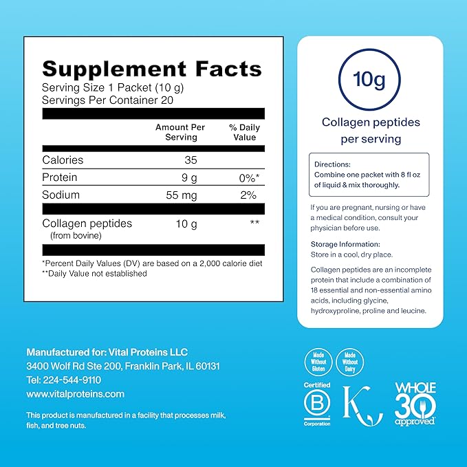 Vital Proteins Grass Fed Collagen Peptides Powder Supplement (Type I, III) Travel Packs, Hydrolyzed Collagen for Skin Hair Nail Joint - 10g per Serving - Unflavored (20ct per Box)