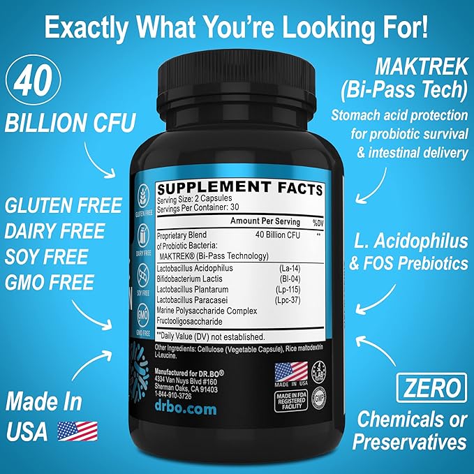 Probiotic 40 Billion CFU Supplement - Lactobacillus Acidophilus Probiotics for Women & Men Capsules - Gluten Free Probiotics for Digestive Health Pills with Bifidobacterium, Plantarum, Paracasei, FOS