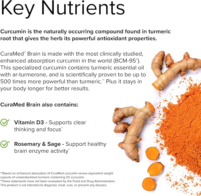 Terry Naturally CuraMed Brain - 60 Softgels - with BCM-95 Curcumin, Vitamin D3, Rosemary & Sage - Non-GMO, Gluten Free - 30 Servings