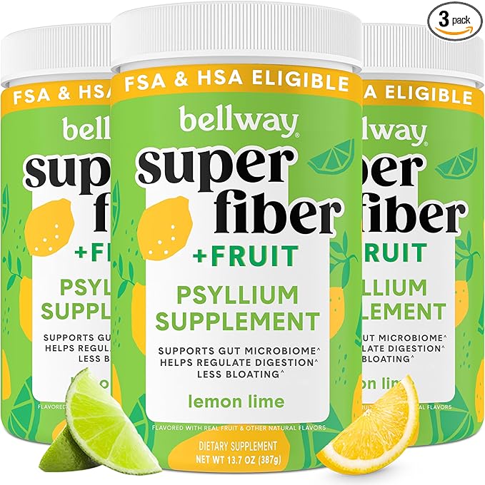 Bellway Super Fiber Powder + Fruit (3 Pack), Sugar Free Organic Psyllium Husk Powder Fiber Supplement for Regularity, Bloating Relief & Gut Health, Non-GMO, Plant-Based, Lemon Lime (150 Servings)