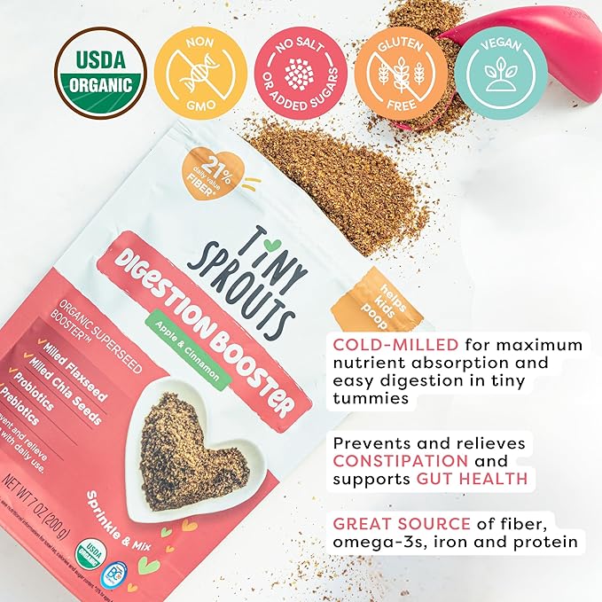 Organic Milled Chia & Flax Seed Digestion Blend with VITAMIN D + PROBIOTICS Prebiotic Fiber Superseeds for 6M+ Babies Toddlers & Kids for Digestive Support (Apple & Cinnamon, 7oz x 2 Pack)