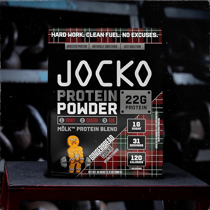 Jocko Mölk Whey Protein Powder - Keto, Probiotics, Grass Fed, Digestive Enzymes, Amino Acids, Sugar Free Monk Fruit Blend - Muscle Recovery & Growth (31 Servings (Pack of 1), Gingerbread Cookie)