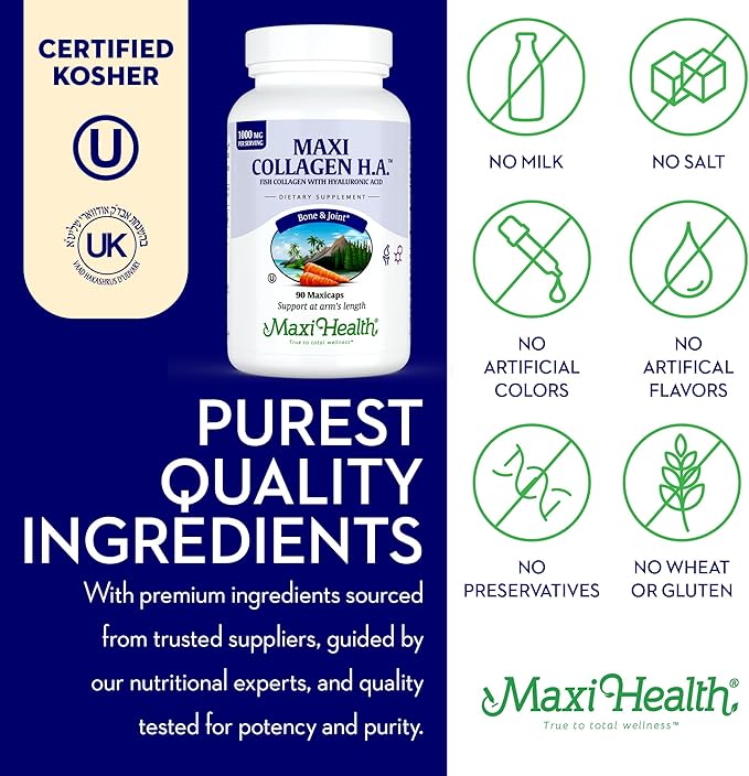 Maxi Health Collagen with Hyaluronic Acid - Type I Fish Collagen Protein for Women and Men (90 Count (Pack of 1), Unflavored Capsule)