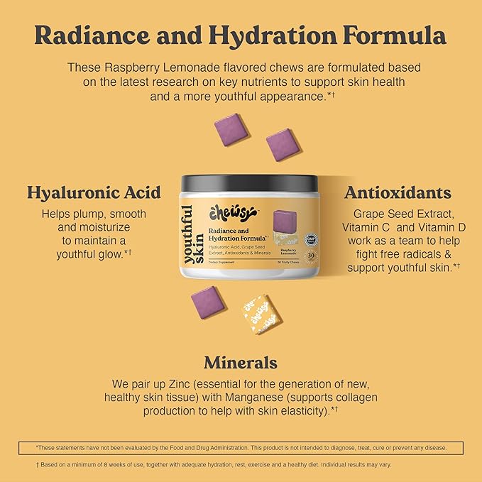 Chewsy Youthful Skin, Fruity Chews Vitamins, Radiance & Hydration Formula, Hyaluronic Acid, Grape Seed Extract, Antioxidants & Minerals, Vitamins Raspberry Lemonade Flavor 30-Day Supply