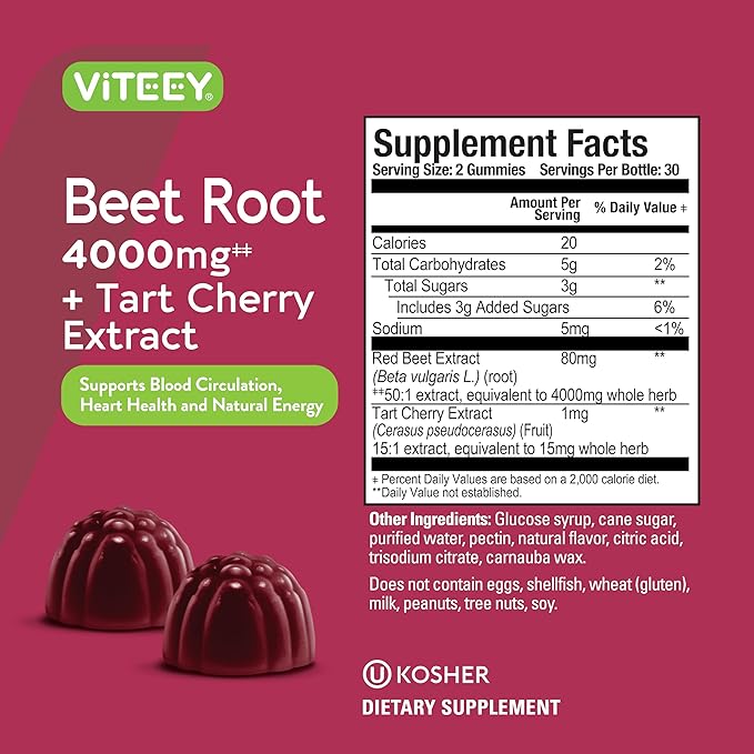 Beet Root Gummies 4000mg with Tart Cherry - for Healthy Blood Pressure Support - Vegan, Gelatin Free, Gluten Free - Tasty Chewable Berry Beet Flavored Gummy