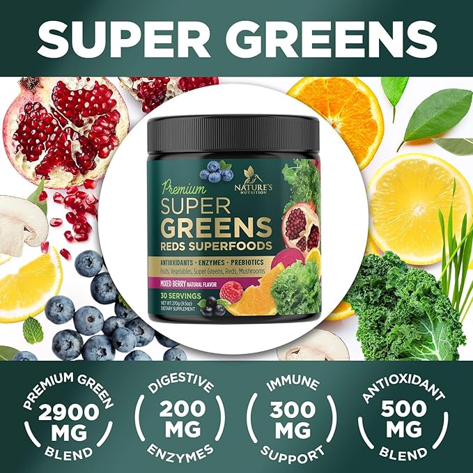 Super Greens Superfood Powder Drink Mix - Green Whole Food Blend for Energy & Gut Health with Spirulina, Chlorella, Mushrooms, Vegetables, Digestive Enzymes Antioxidant & Probiotics - 30 Servings