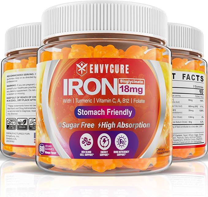 Sugar Free Iron Gummies 18mg for Women Men, Iron Bisglycinate Supplement Gummies with Vitamin C, Turmeric & Folate - Blood Builder for Iron Deficiency, Anemia & Energy, Non-Constipating (2 PACK)