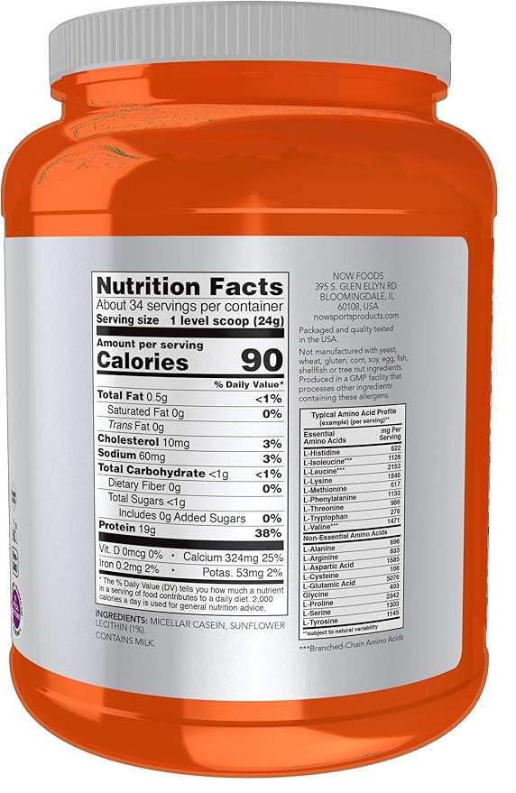 NOW Foods Sports Nutrition, Micellar Casein 19 g, Slow Release, Unflavored Powder, 1.8-Pound