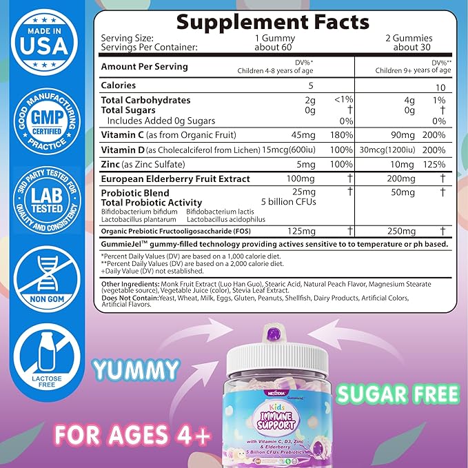 Kid Vitamin C Gummies With Zinc D3, Elderberry, Probiotics & Prebiotics, Sugar Free Immune Gummies for Kids 4+, Childrens Vitamins Supplement for Immune & Digestive Health, Powerful Antioxidant, 60cts