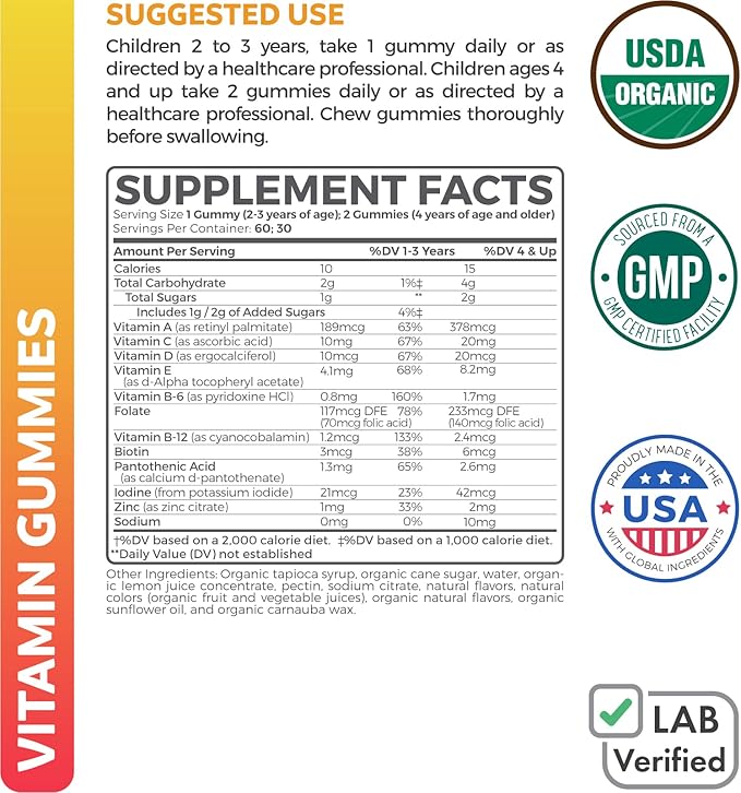 USDA Organic Kids Vitamin Gummies (Non-GMO) Yummy Natural Fruit Flavors - Complete Kids Multivitamin Gummies: Vitamin C, D, B, A, Zinc - Supplement for Energy, Mood, Immune Support - 60 Gummy Vitamins