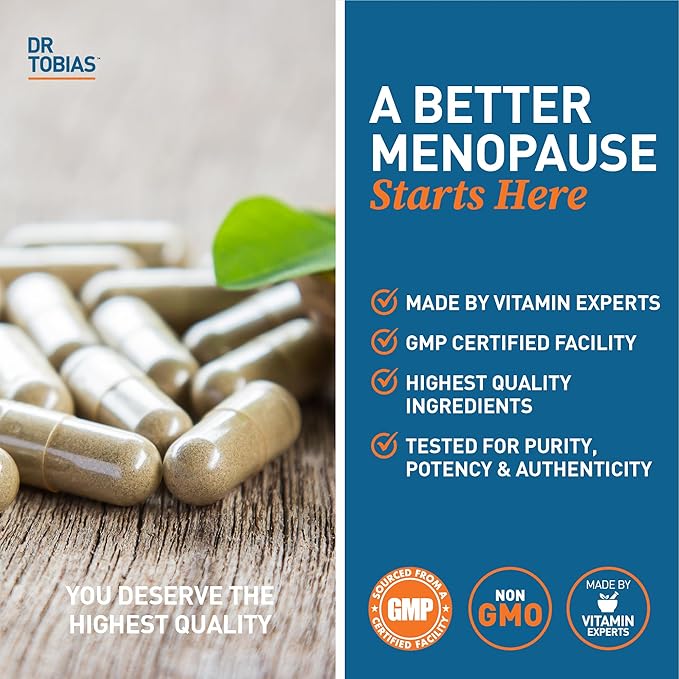 Dr. Tobias Menopause Relief Supplement with Black Cohosh, Soy Isoflavones, and Don Quai, Hot Flash Relief & Night Sweats Relief for Women, Non-GMO, 60 Capsules, 30 Servings