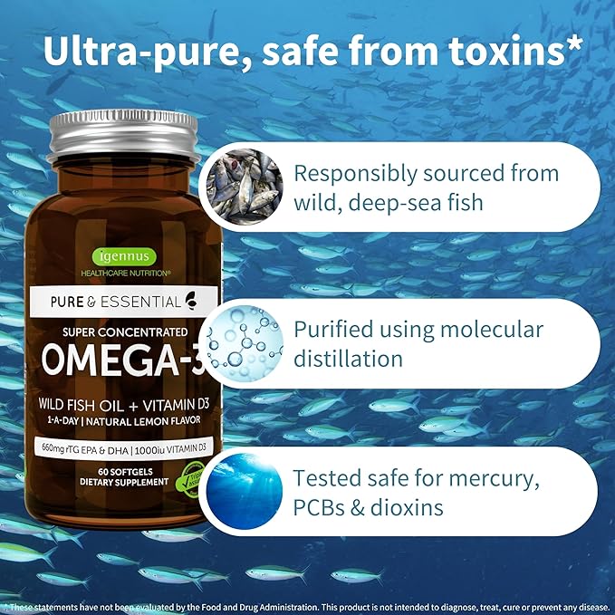 Advanced Omega-3 Wild Fish Oil & Vitamin D3 1000iu, 1-a-Day, Triglyceride Form EPA & DHA Fatty Acids, Fast-Acting rTG, Ultra Pure & Non-GMO, 360 Softgels, by Igennus